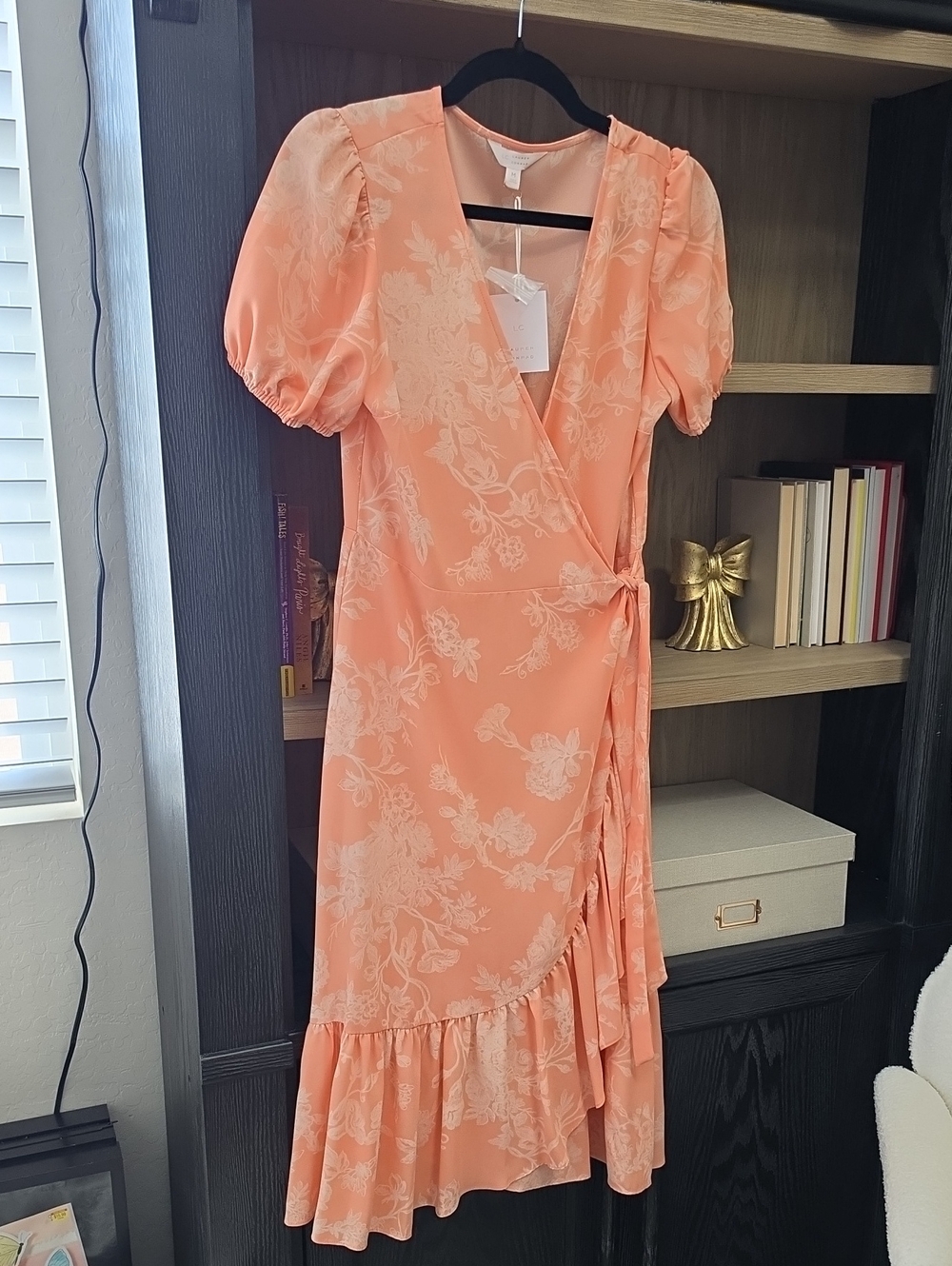 Lightweight Peach Floral Wrap Dress with Puff Sleeves